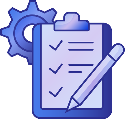 Icon of a task checklist with a pencil and a gear