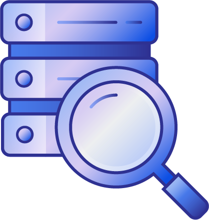Icona di un Data Server con lente di ingrandimento