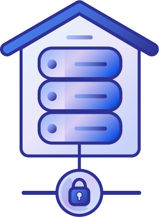 Icon of a data server inside a house with a lock, to represent local and safe servers hosted on-premises