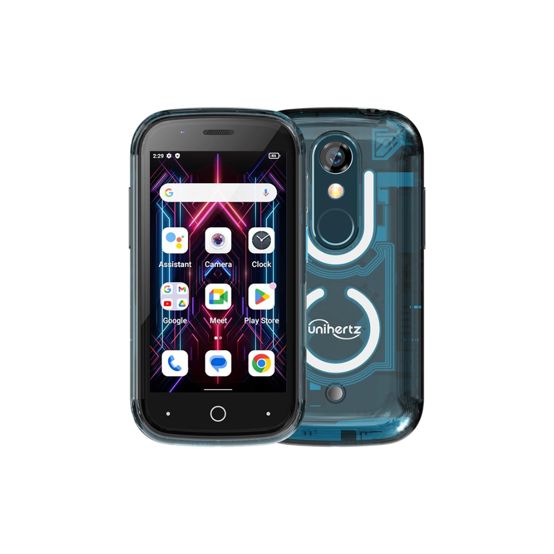 A small smartphone with a black front and a transparent blue back showing internal components. The screen displays a colorful geometric background with app icons, including Google Assistant, Camera, Clock, Google, Meet, Play Store, Phone, Messages, and Chrome.
