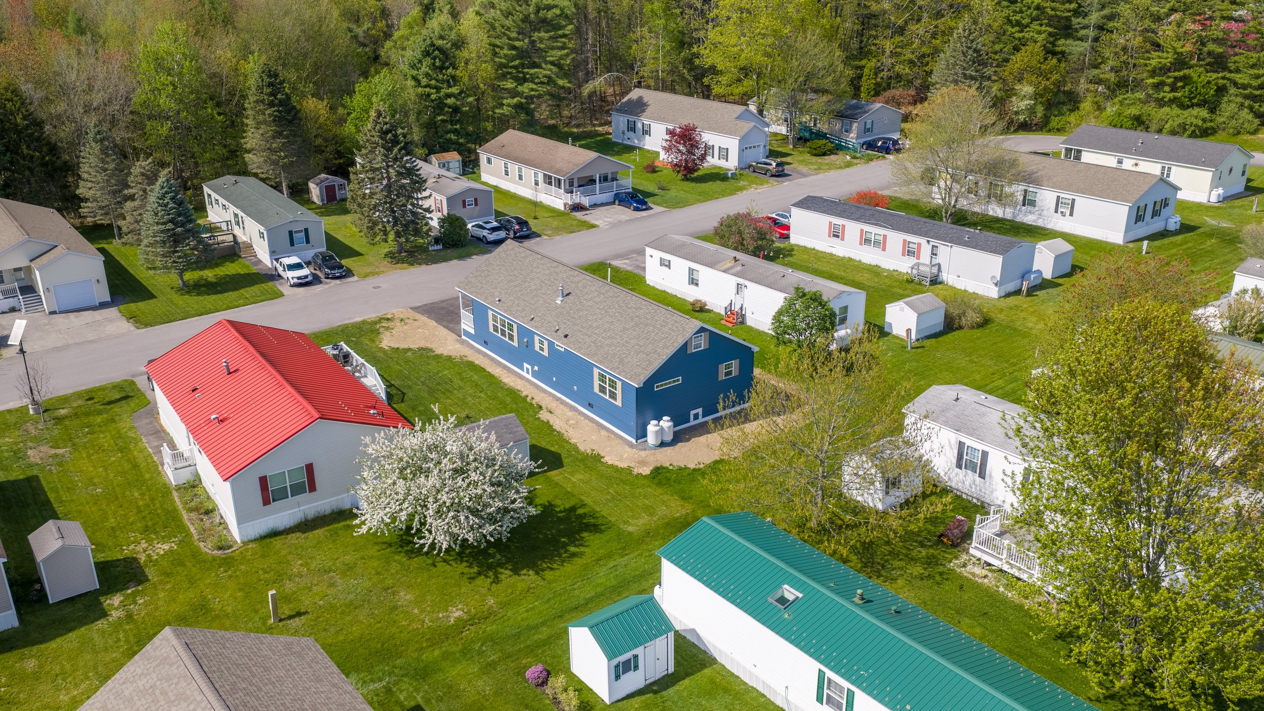 Aerial view of a residential neighborhood, Pinecrest, with multiple houses, green lawns, trees, and driveways.