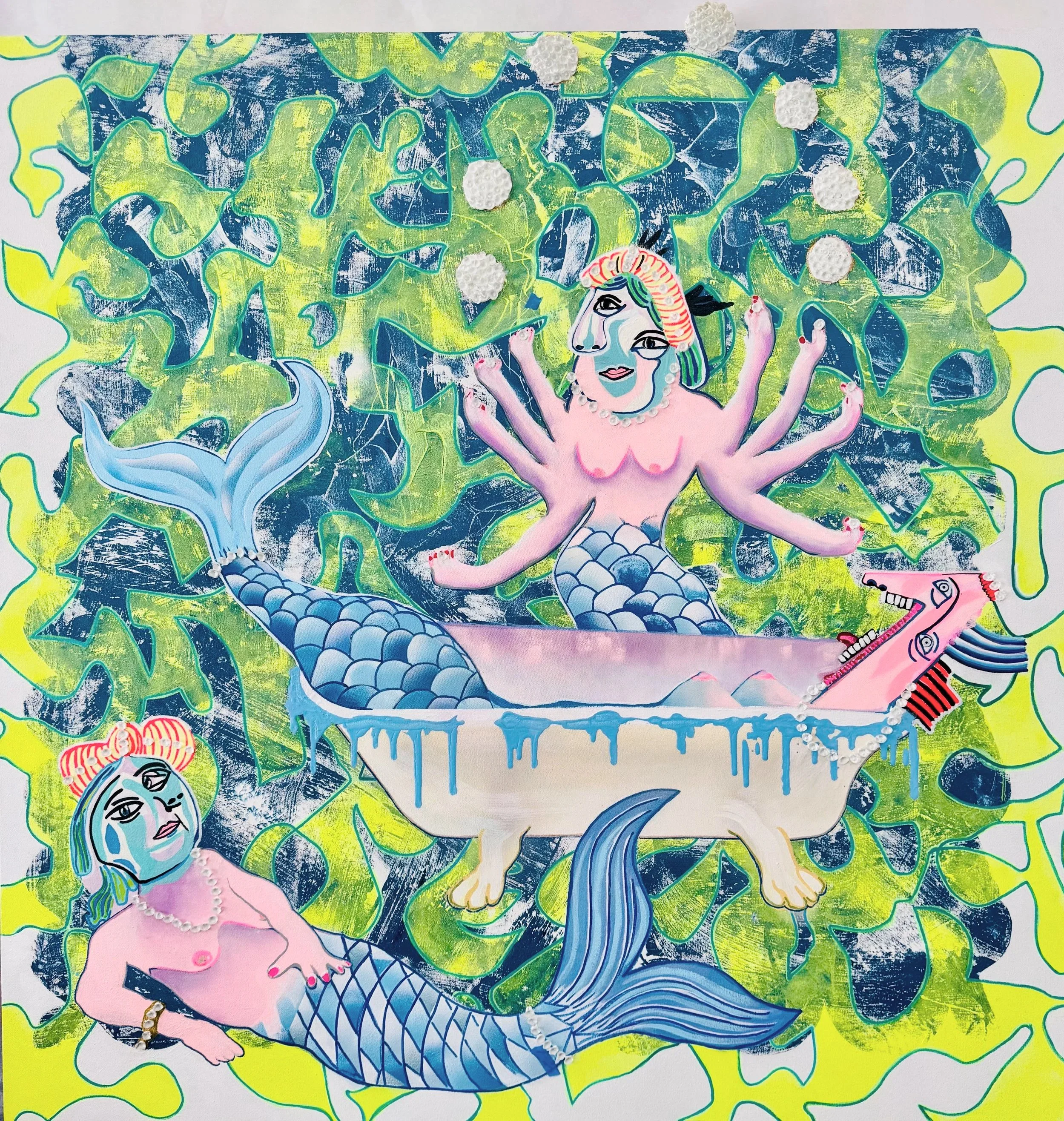 MERMAIDS OF AVIGNON acrylic, flashe, and acrylic diamonds on canvas 44 x 44 inches, 2026.