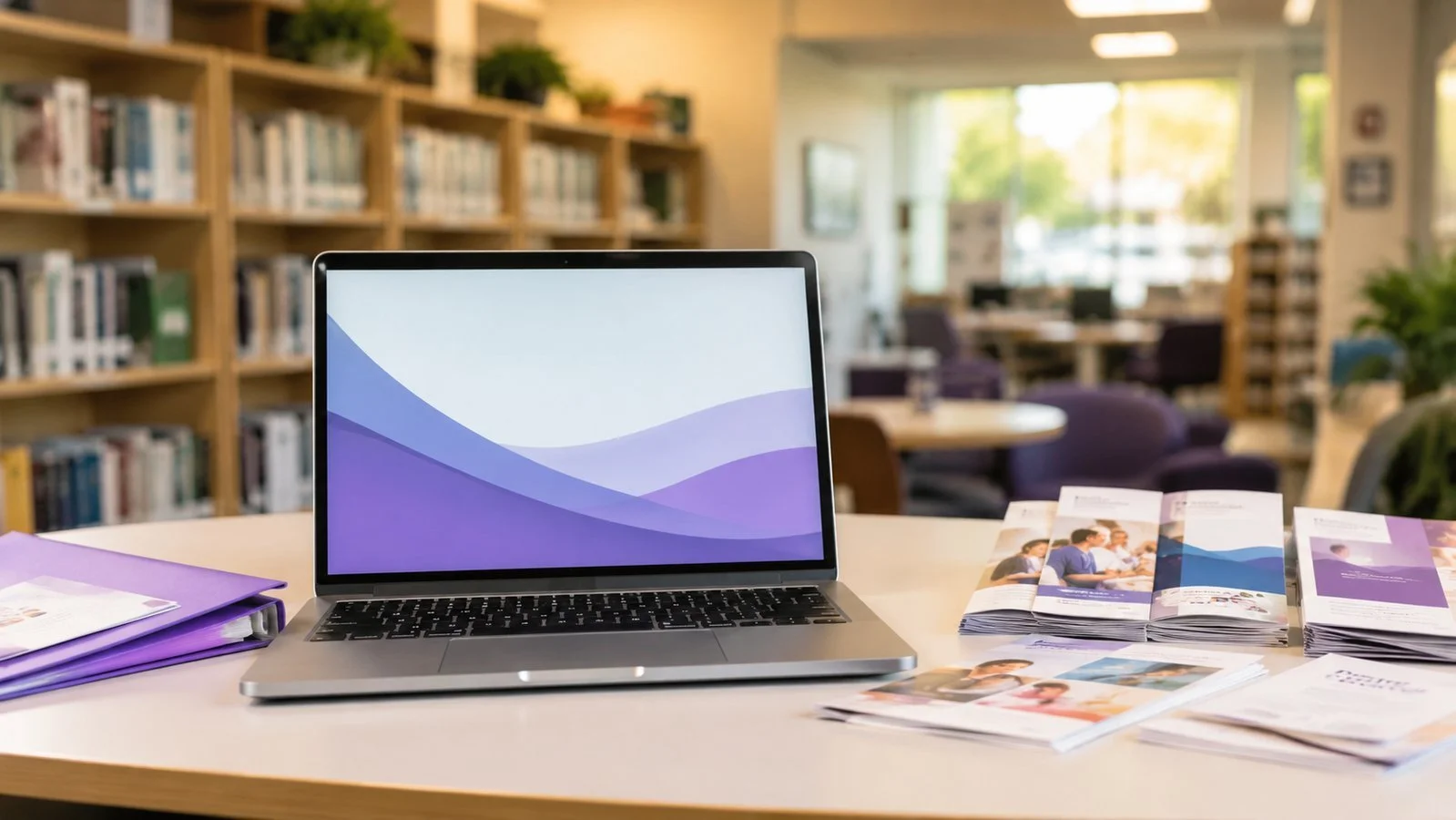 A laptop on a table with brochures and pamphlets in a library or study area.