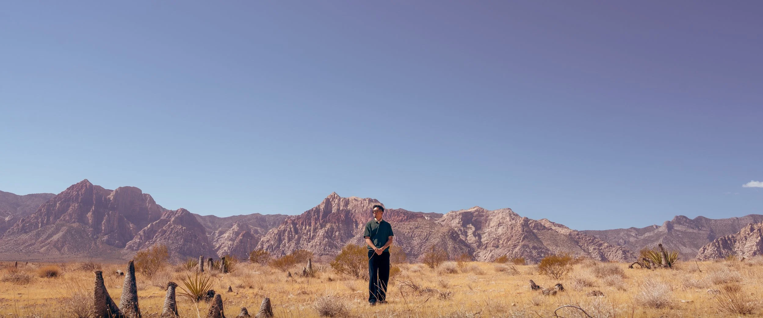 A man standing alone in a desert landscape with mountains in the background under a clear blue sky.