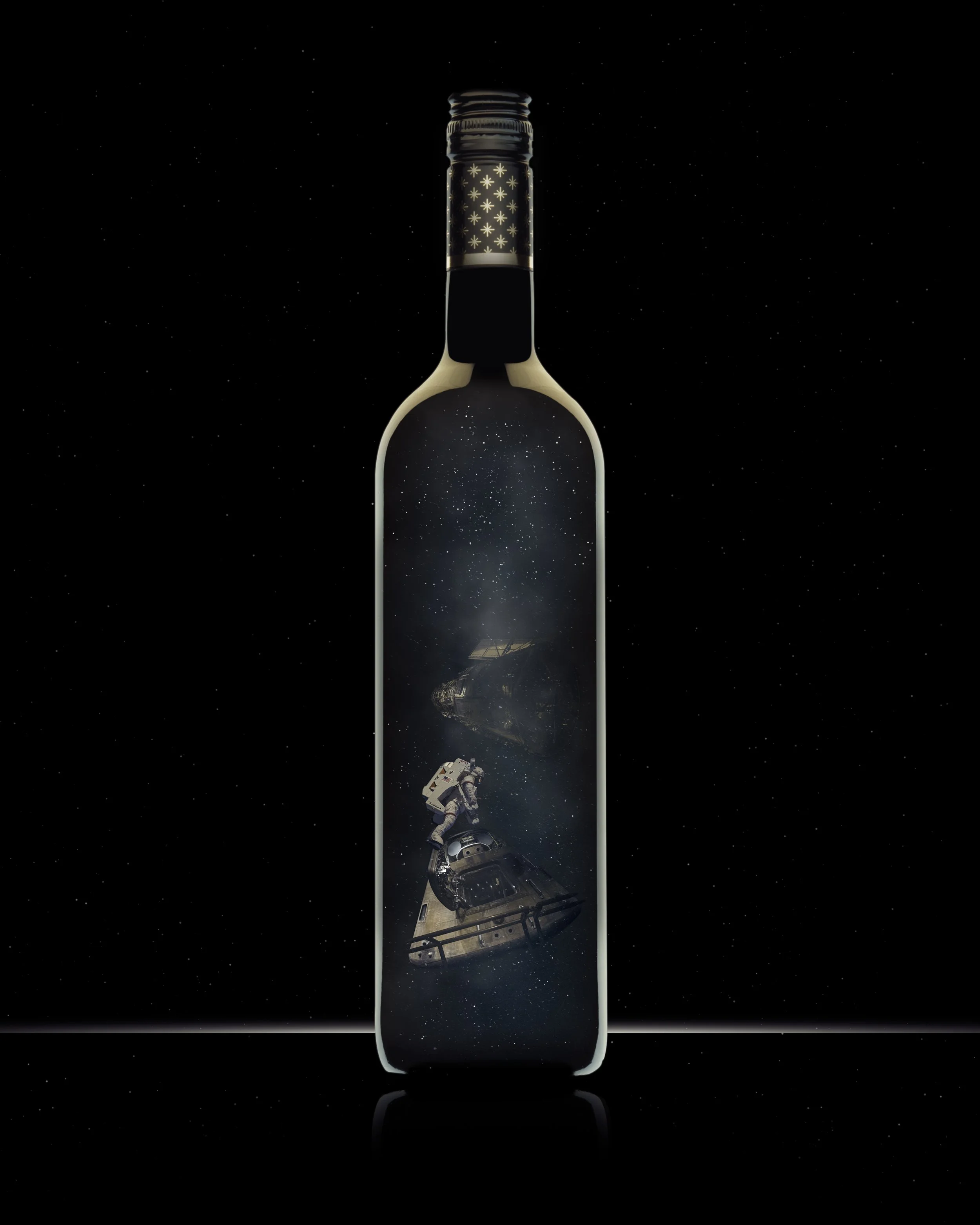A bottle with a scene of space, astronauts, and a spaceship inside it, set against a starry background.