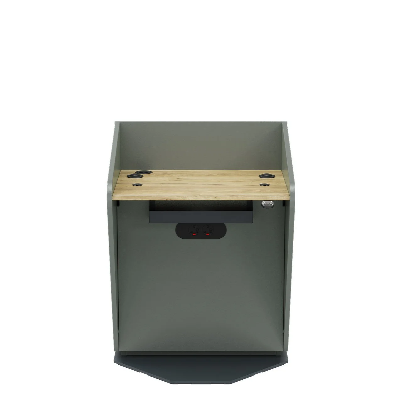 2. H.AL Height Adjustable Lectern with mobile wheels - Front on with cable tray and microphone mounts on display.jpg