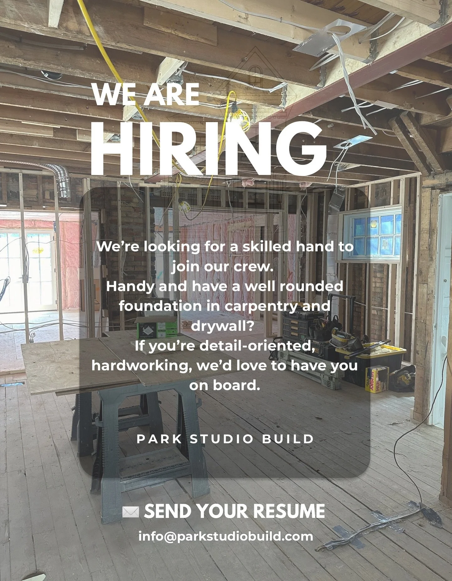 Park Studio Build is hiring!
We&rsquo;re on the lookout for a skilled hand to join our crew this fall. If you&rsquo;ve got a solid foundation in carpentry and drywall and pride yourself on being handy, detail-oriented, and hardworking we&rsquo;d love