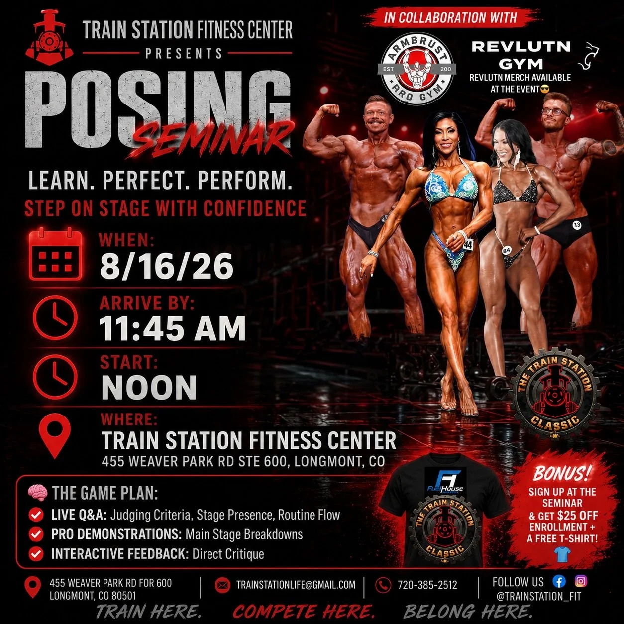 Ready to own the stage? 🏆✨

Join us August 16th at Train Station Fitness Center&rsquo;s Arena for an interactive Posing Seminar designed to help you sharpen your presentation, build confidence, and show up ready for the judges.

WHEN: 8/16/26
Arrive