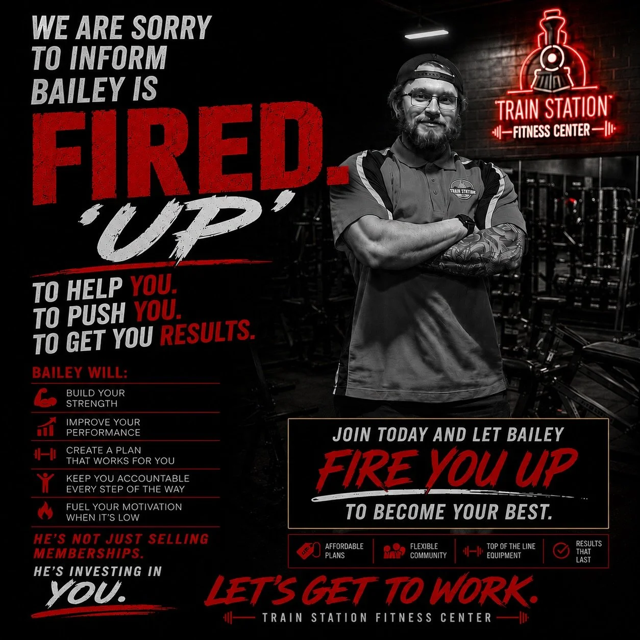 🚨 We are sorry to inform you&hellip; Bailey is officially FIRED&hellip;. FIRED UP. 🔥

He&rsquo;s not here to just sell personal training.
He&rsquo;s here to push you, motivate you, hold you accountable, and help you get real results. 💪

From custo