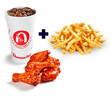 A soft drink, a serving of French fries, and 5 wings.