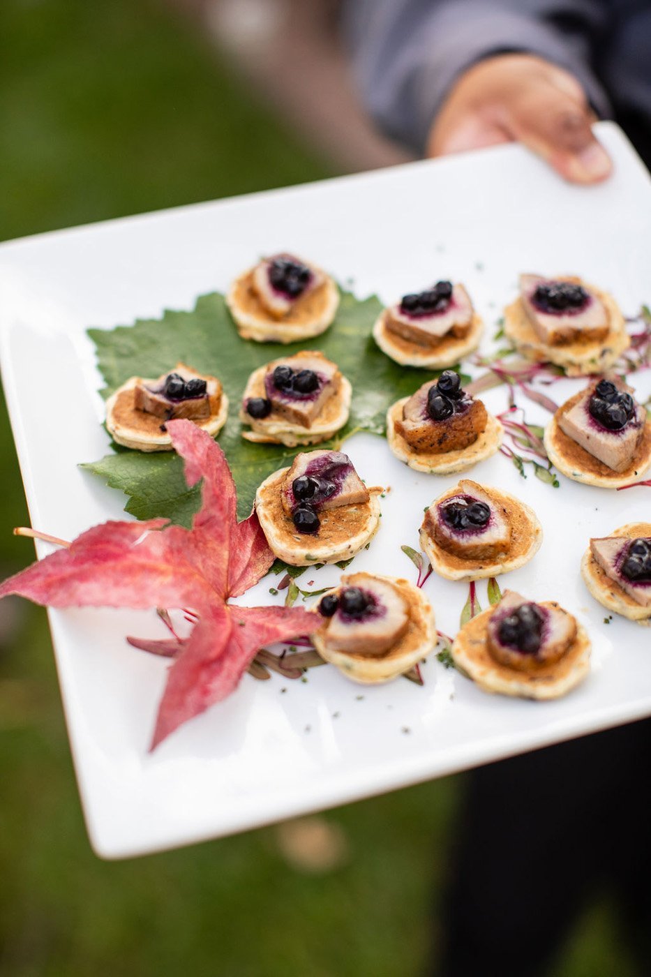 a white place with appetizer crackers on them with some kind of berry on the cracker