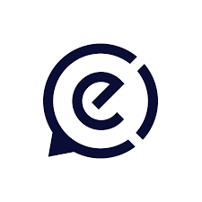 A logo with a stylized lowercase 'e' inside a speech bubble, surrounded by concentric circular lines.