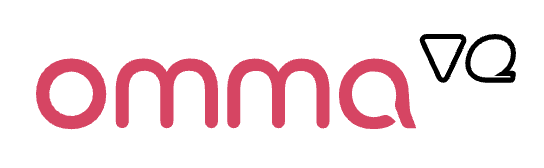 Logo with the text 'omma' in pink and a black symbol resembling a voice bubble or speech icon with 'V2' inside.