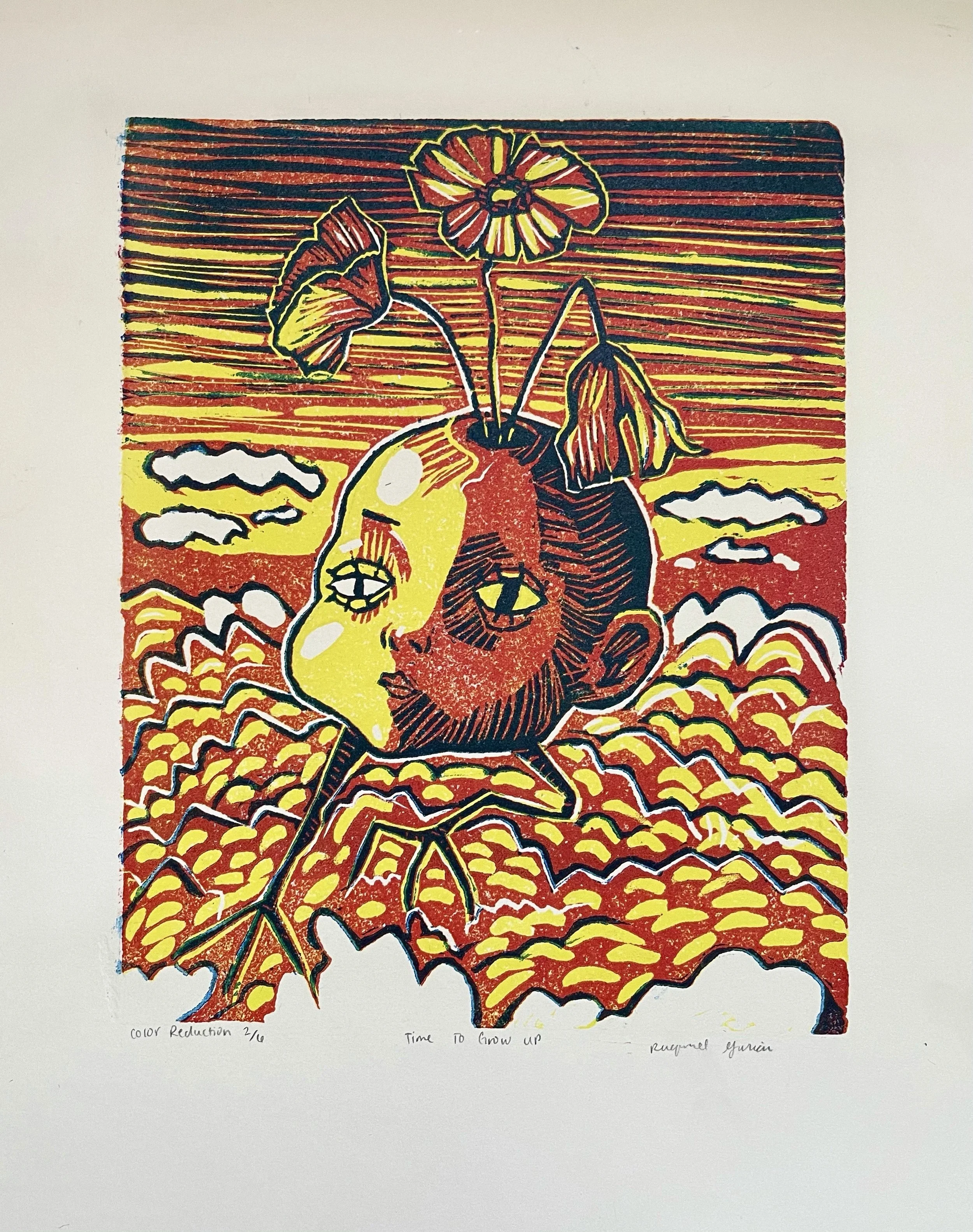 Time to Grow Up (9x12. linocut color reduction. 2021)