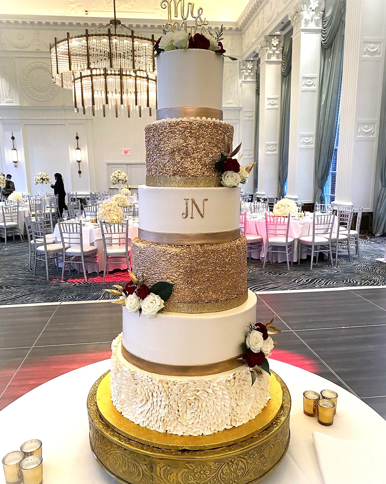 6 tier gold and white buttercream ruffle wedding cake.jpeg