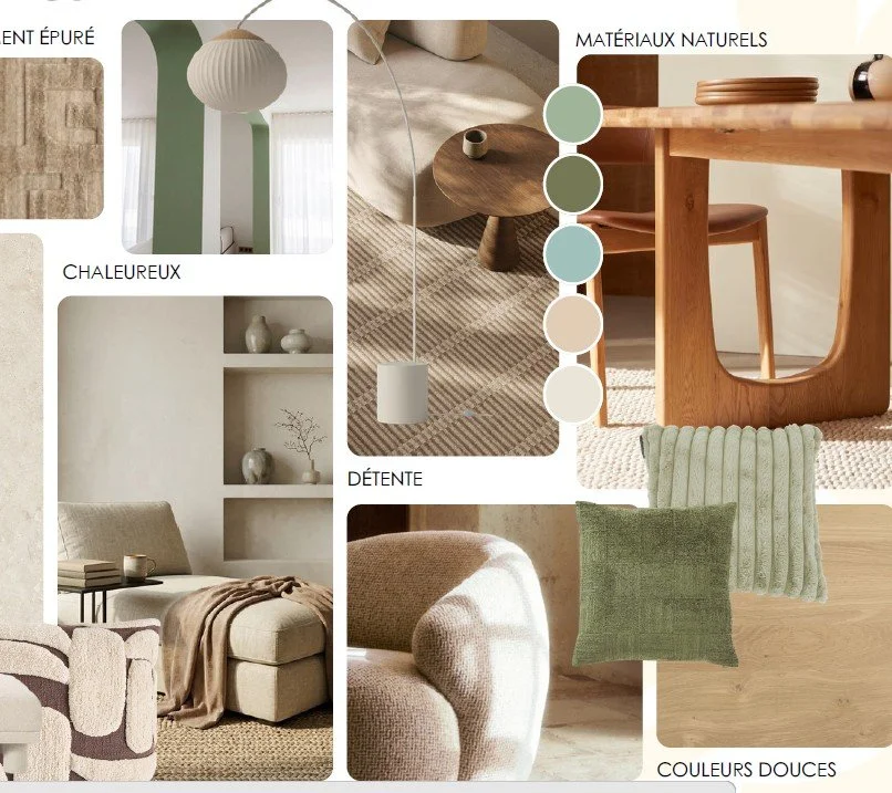 Palette de couleurs et éléments de décoration intérieure en bois naturel, matériaux naturels, ambiance chaleureuse, éléments de détente, textures douces.