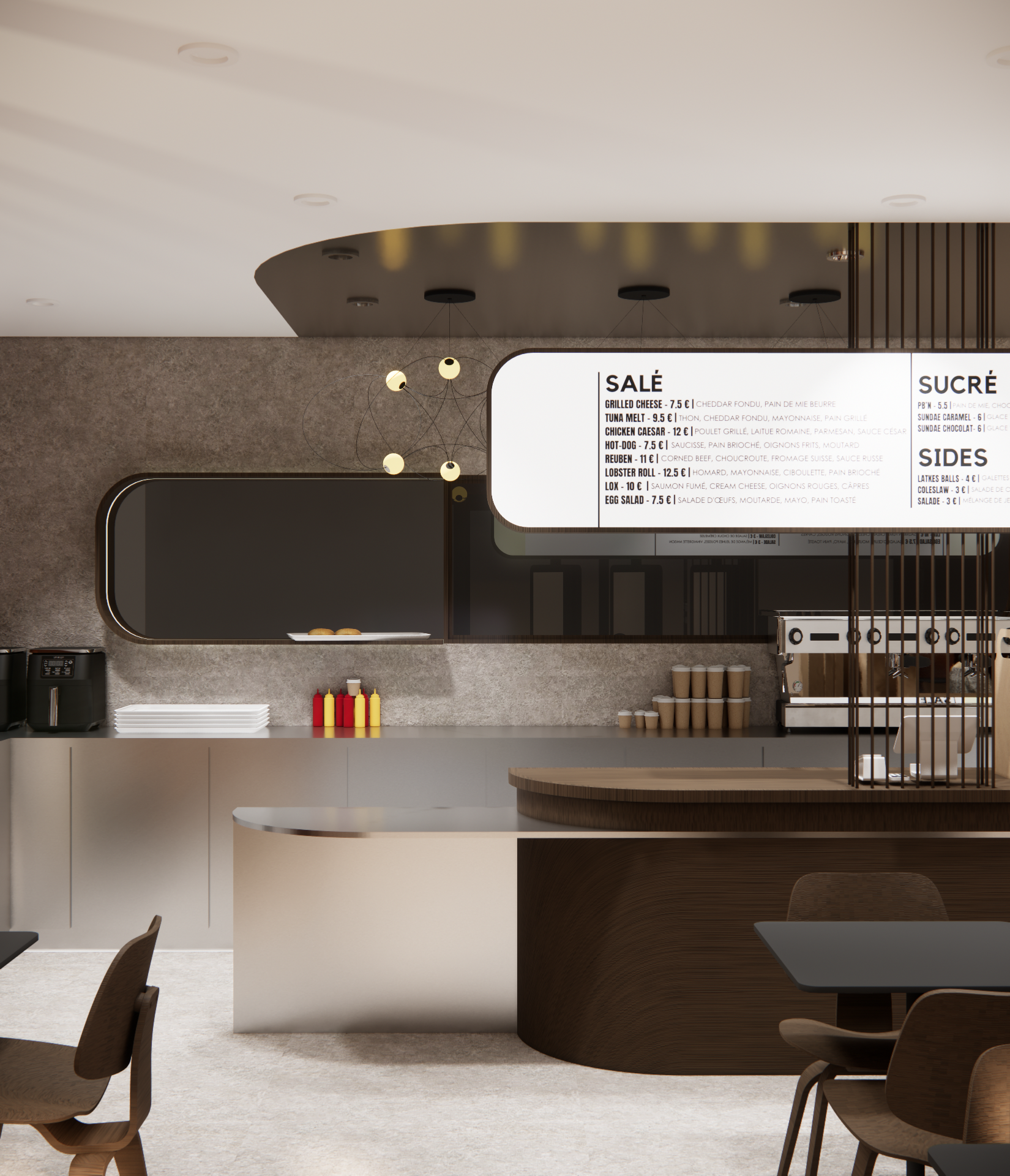 Projet de restaurant avec affichage avec des options de plats et de desserts, situé au fond d'une aire de restauration moderne avec mobilier en bois et comptoirs en surfaces claires.