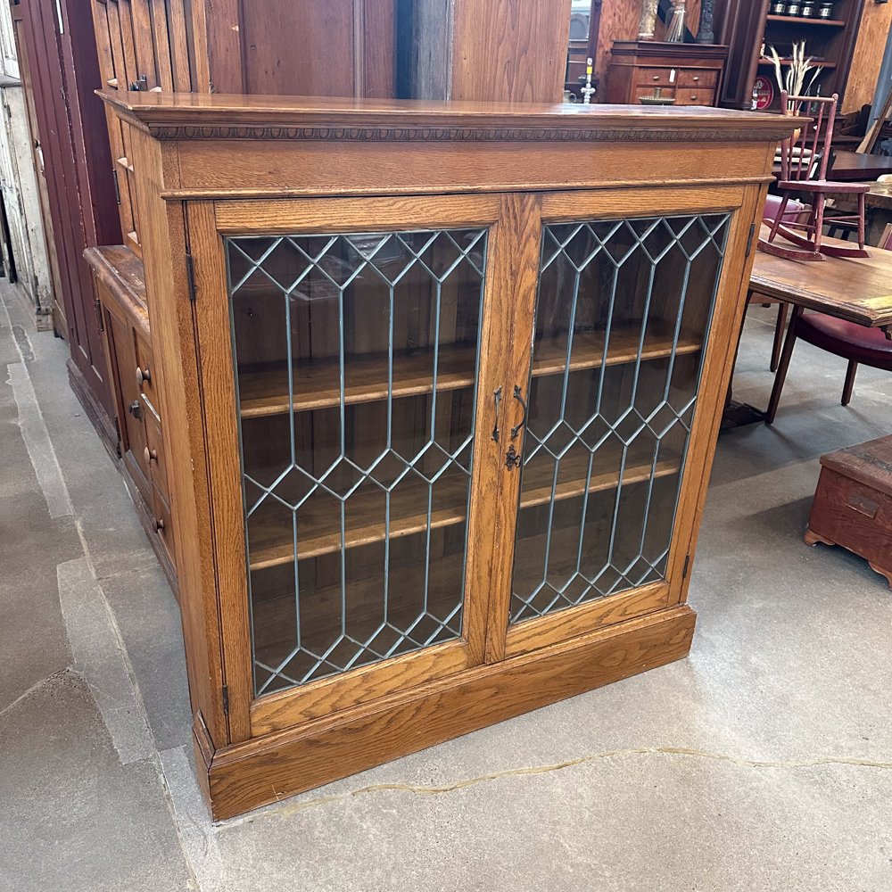 Oak Bookcase with Leaded Glass Doors