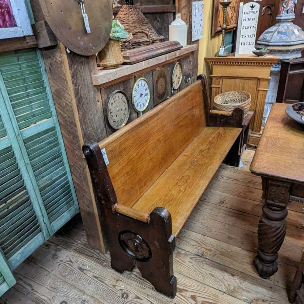 Oak Pew with Floral Carving - Aurora Mills