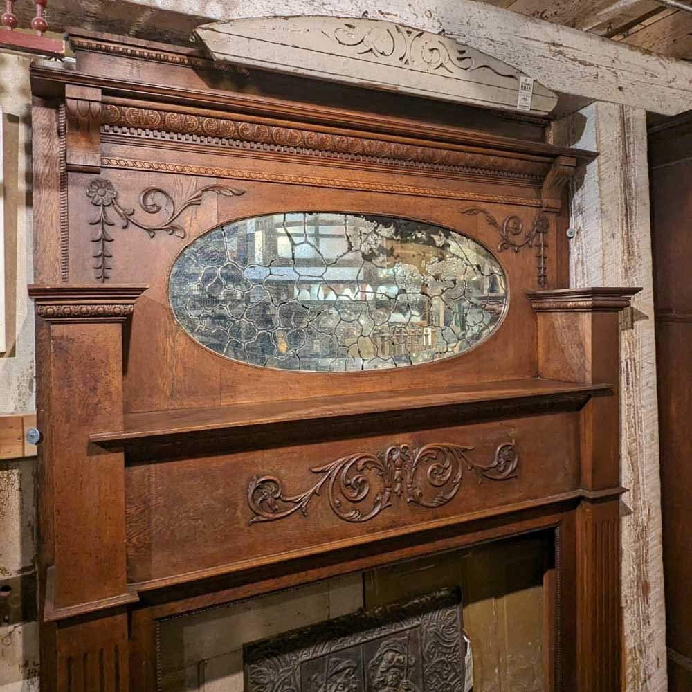 Oak Mantel with Oval Mirror - Aurora Mills