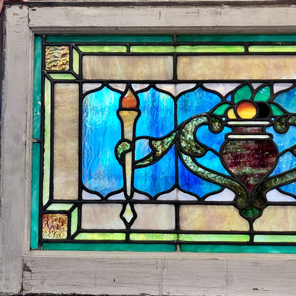 Blue, Amber, Pink, and Green Slag Glass Panel with Cornucopia and Torches - Aurora Mills