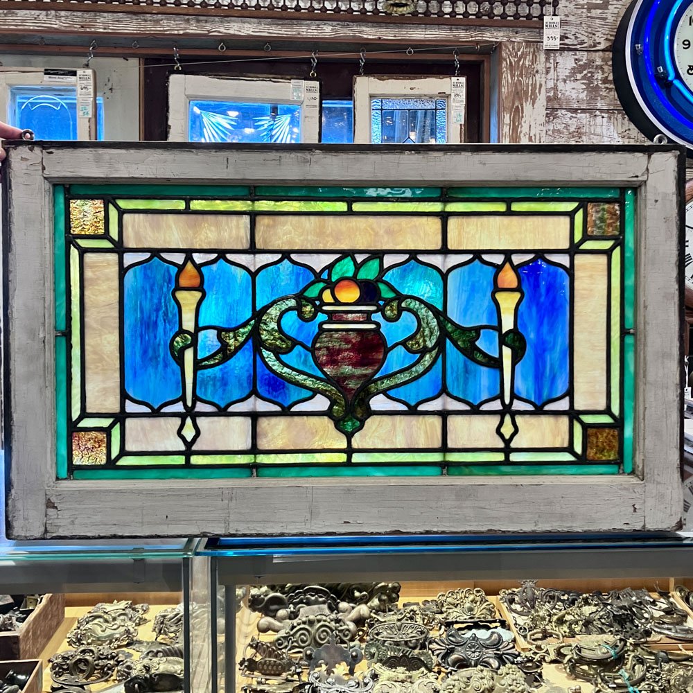 Blue, Amber, Pink, and Green Slag Glass Panel with Cornucopia and Torches - Aurora Mills