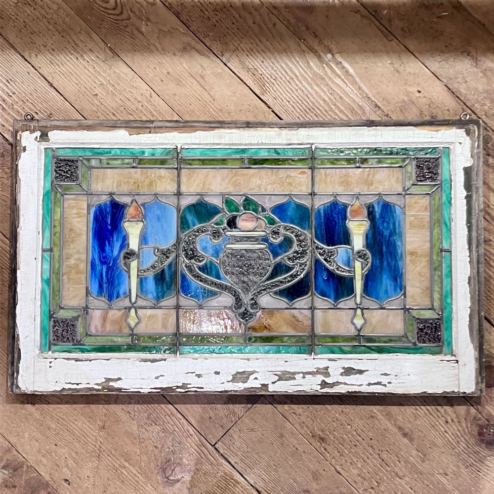 Blue, Amber, Pink, and Green Slag Glass Panel with Cornucopia and Torches - Aurora Mills