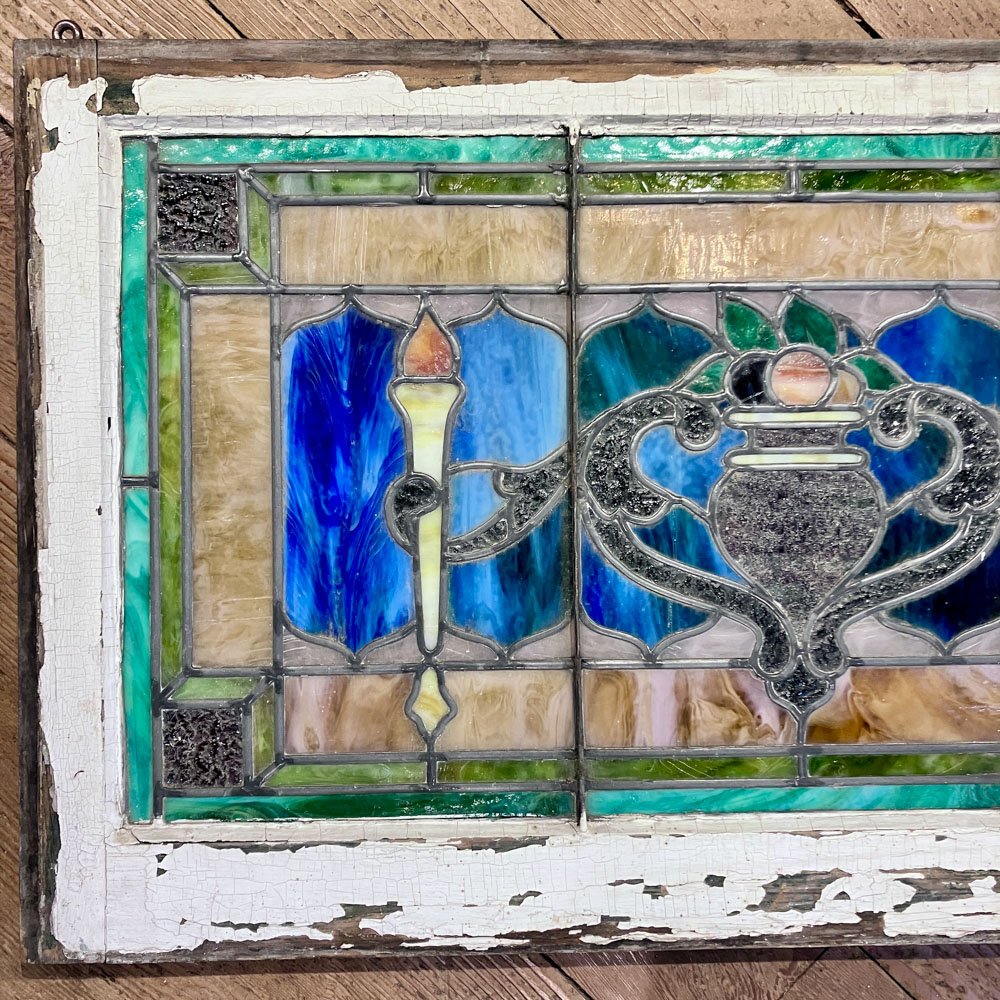 Blue, Amber, Pink, and Green Slag Glass Panel with Cornucopia and Torches - Aurora Mills