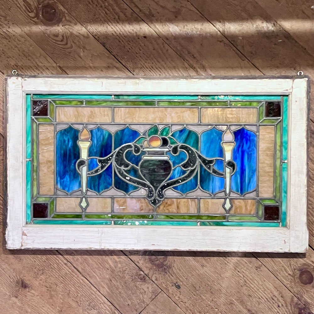 Blue, Amber, Pink, and Green Slag Glass Panel with Cornucopia and Torches - Aurora Mills