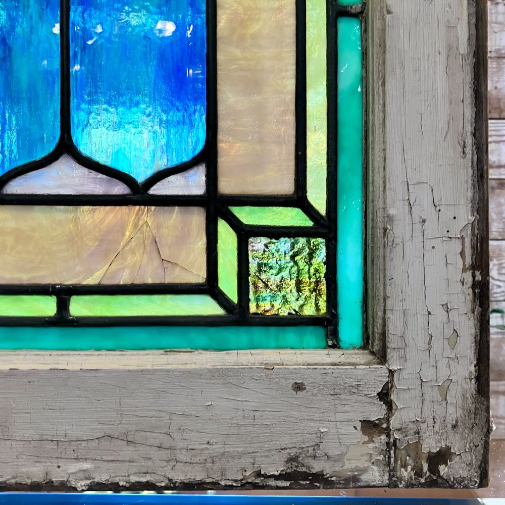 Blue, Amber, Pink, and Green Slag Glass Window - Aurora Mills