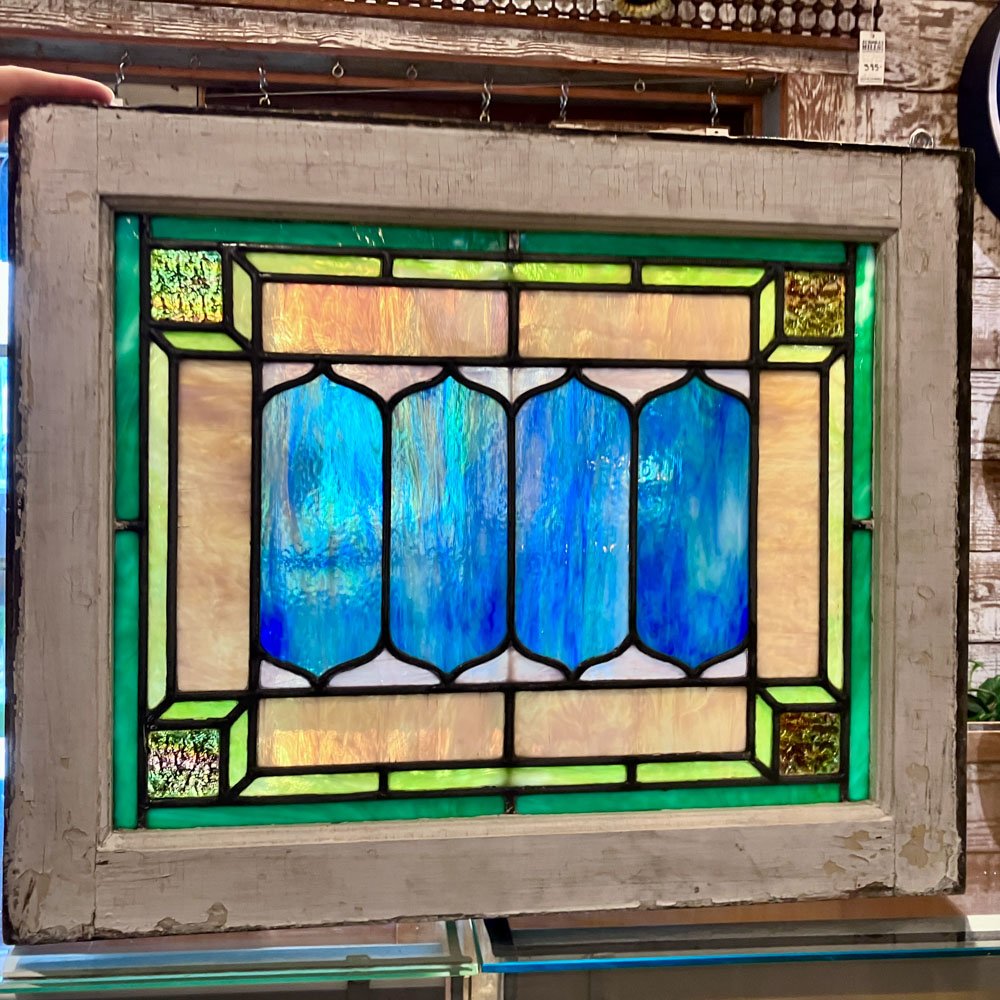 Blue, Amber, Pink, and Green Slag Glass Window - Aurora Mills
