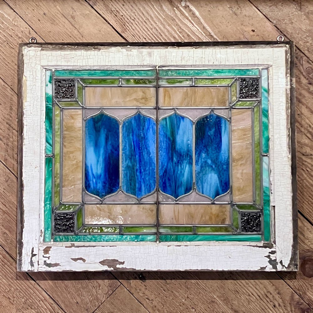 Blue, Amber, Pink, and Green Slag Glass Window - Aurora Mills