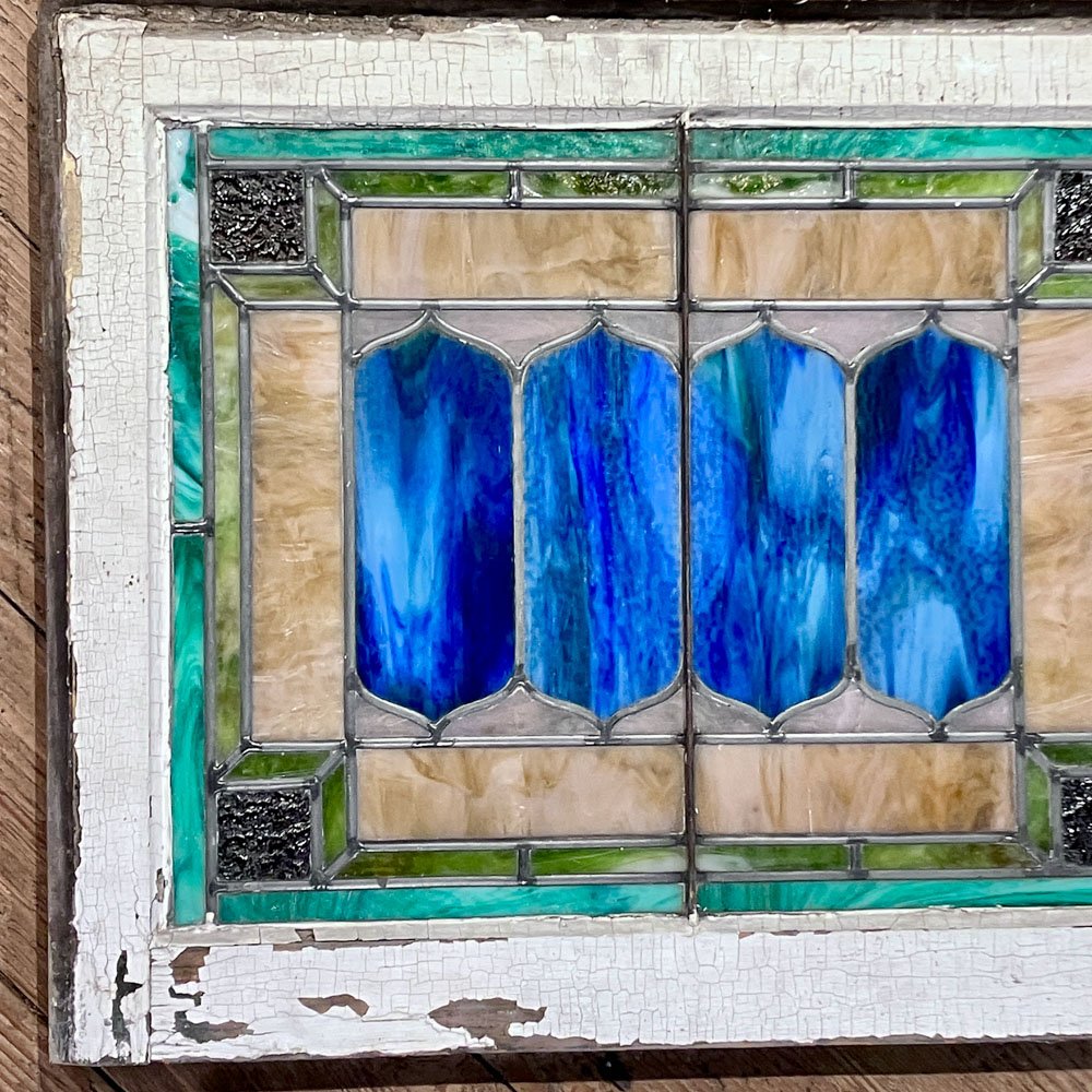Blue, Amber, Pink, and Green Slag Glass Window - Aurora Mills