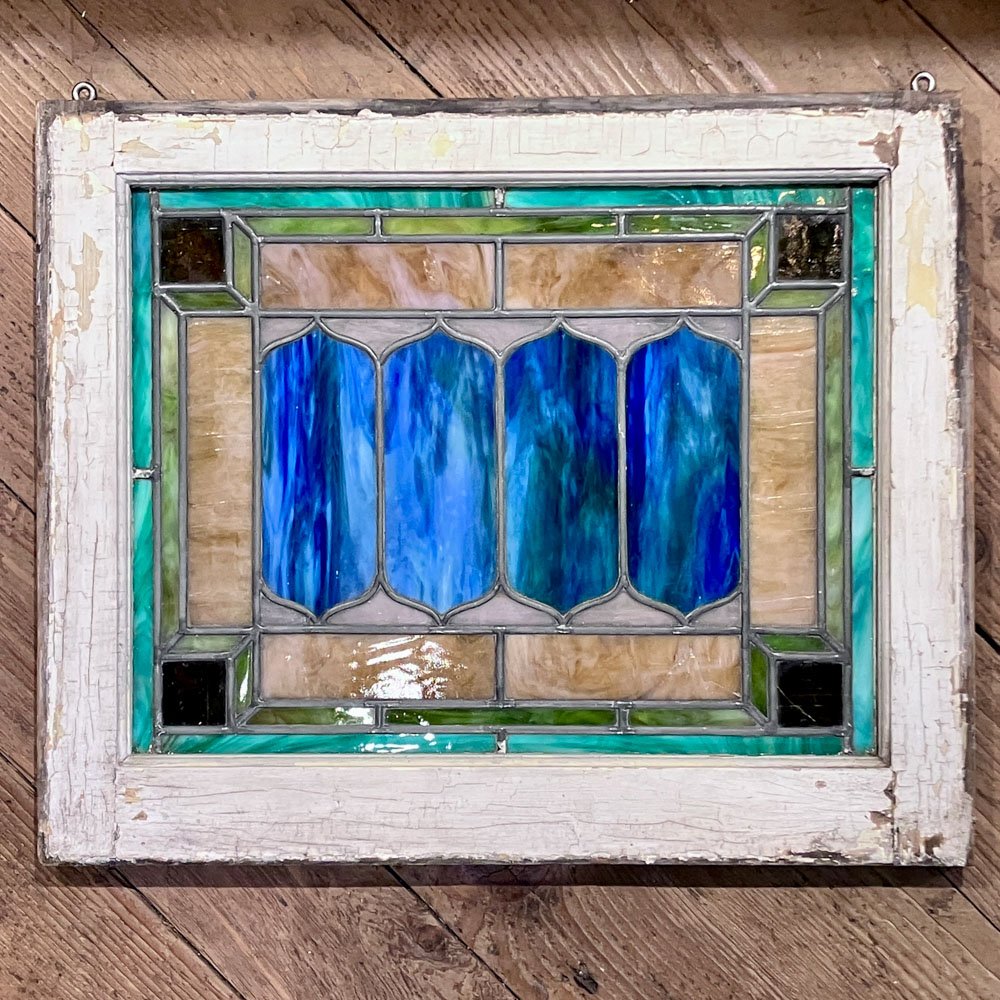 Blue, Amber, Pink, and Green Slag Glass Window - Aurora Mills