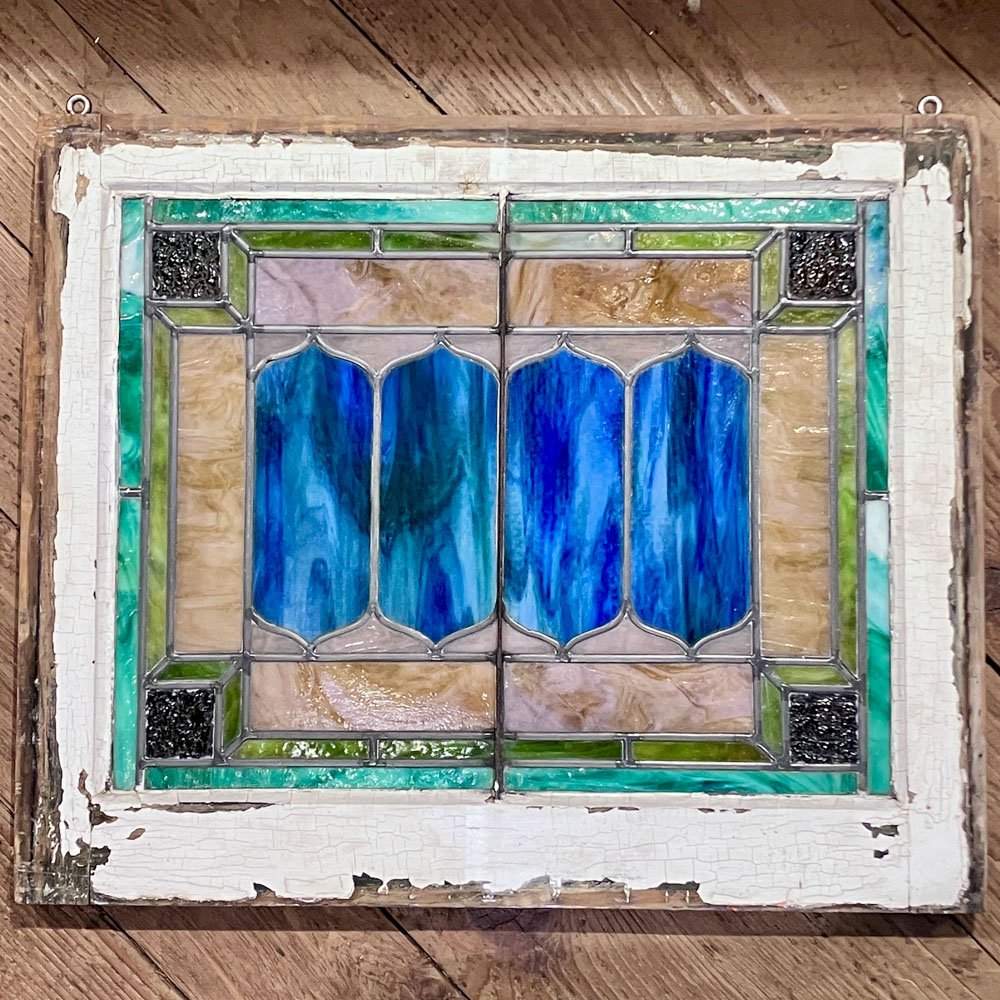 Blue, Amber, Pink, and Green Slag Glass Window - Aurora Mills