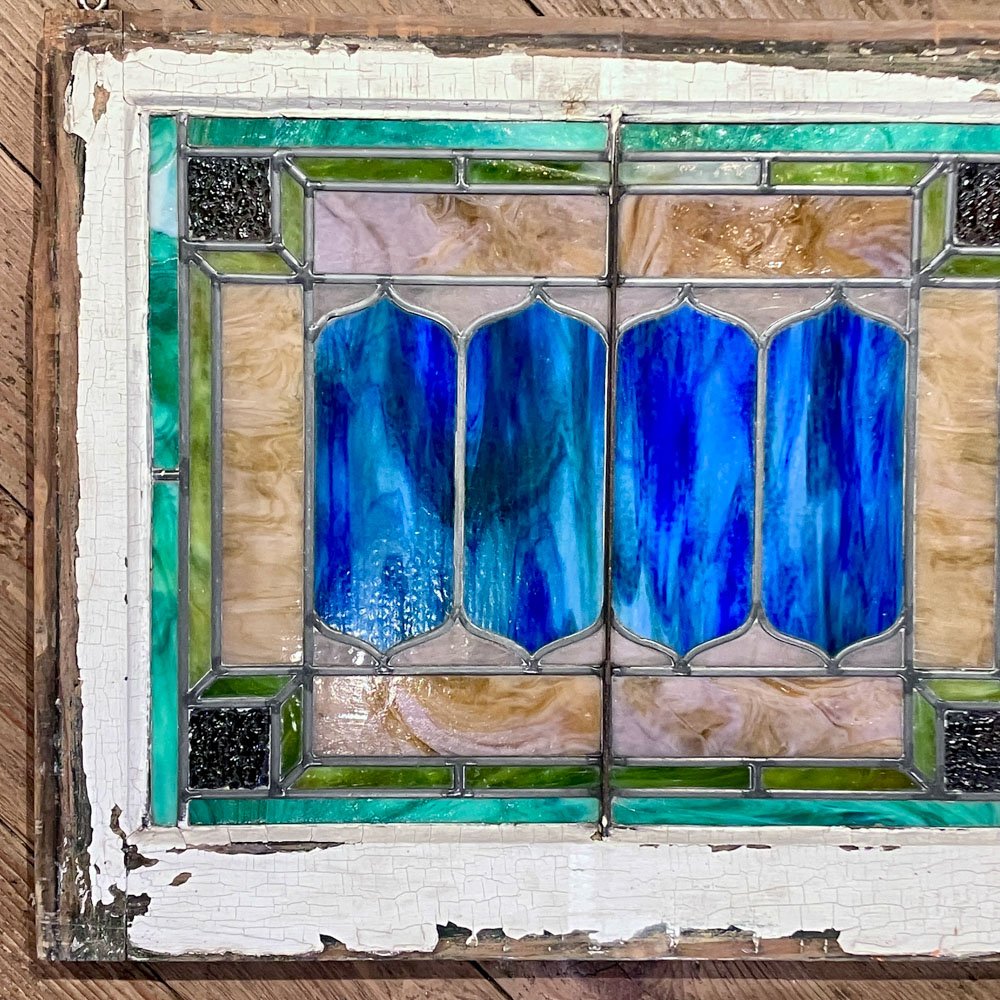 Blue, Amber, Pink, and Green Slag Glass Window - Aurora Mills