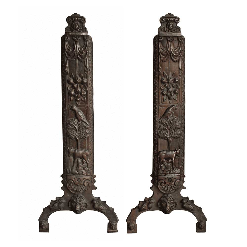 Cast Bronze Figural Relief Andirons - Aurora Mills