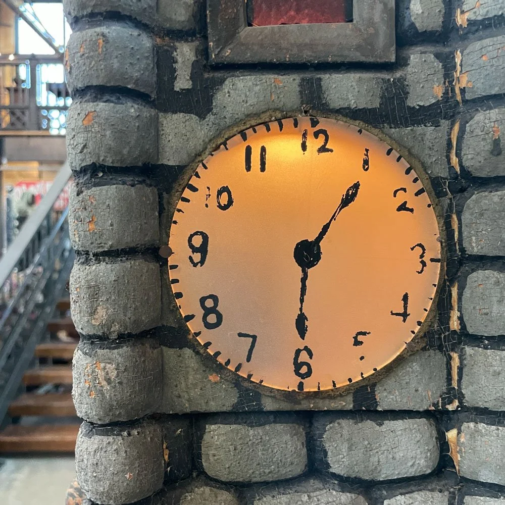 Folk Art Model of Church with Clock Tower and Stained Glass