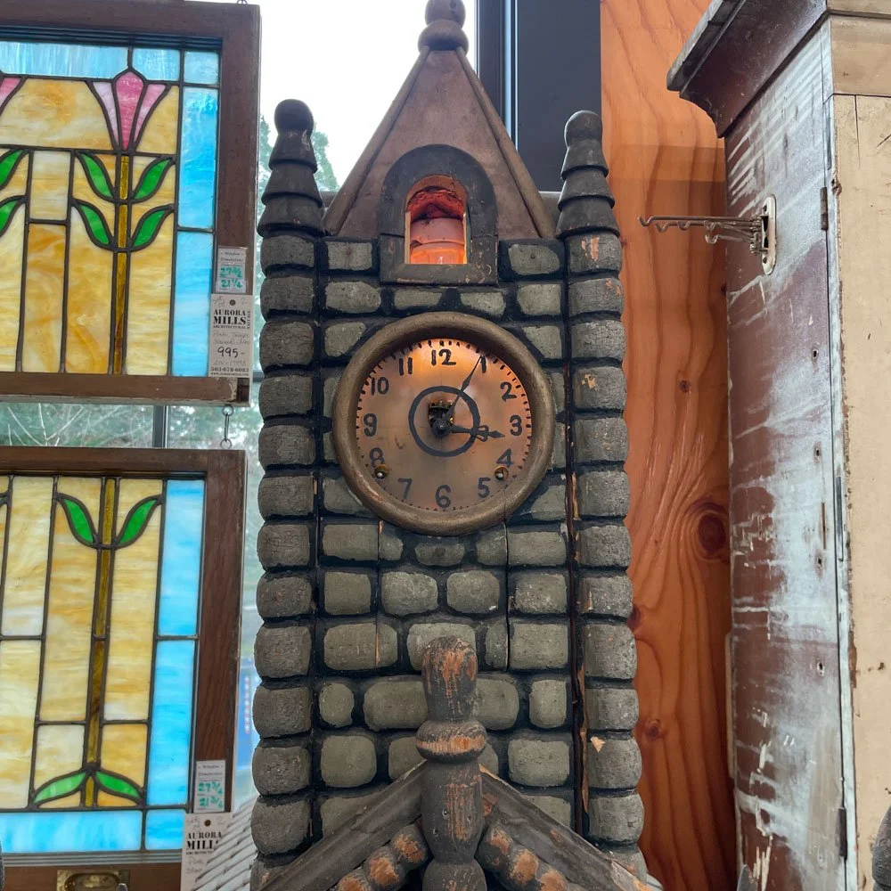 Folk Art Model of Church with Clock Tower and Stained Glass