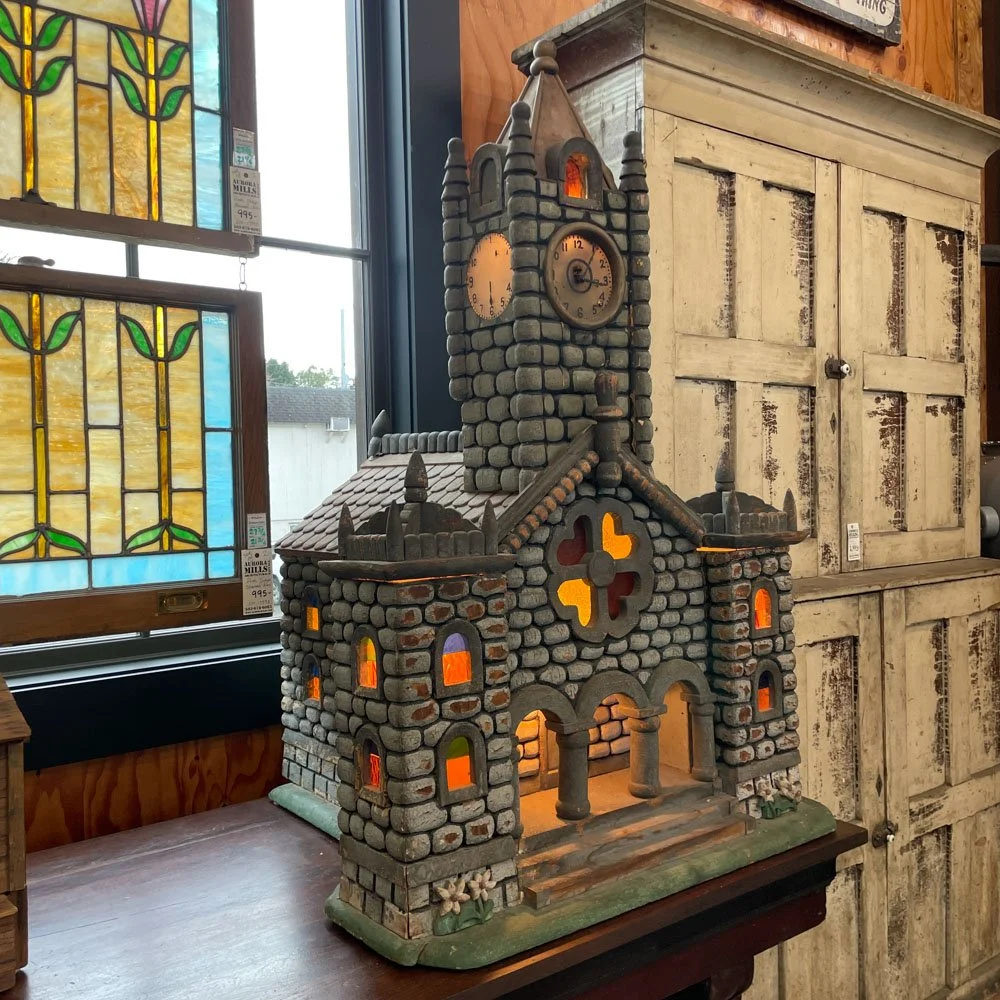 Folk Art Model of Church with Clock Tower and Stained Glass