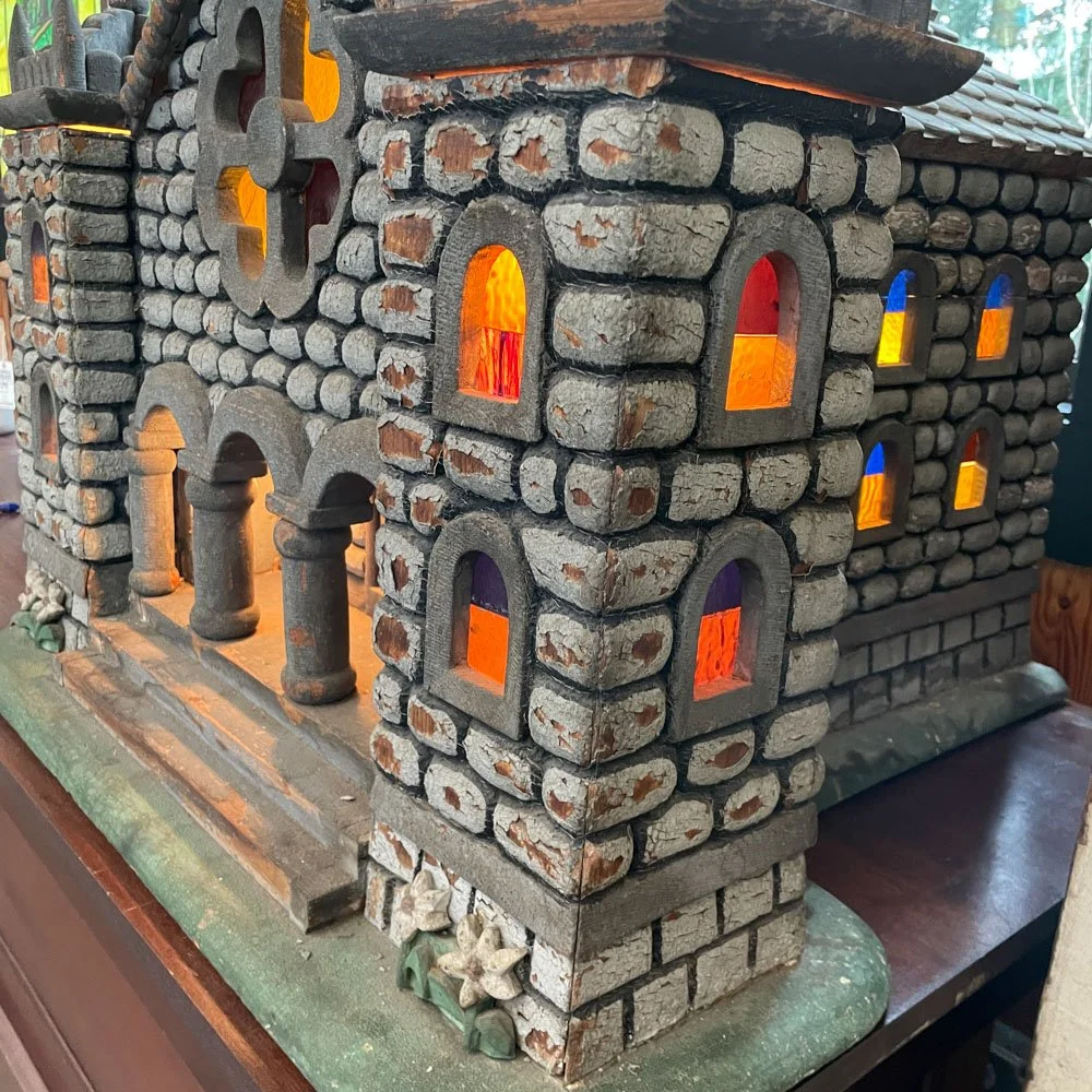 Folk Art Model of Church with Clock Tower and Stained Glass