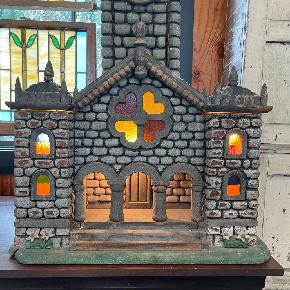 Folk Art Model of Church with Clock Tower and Stained Glass