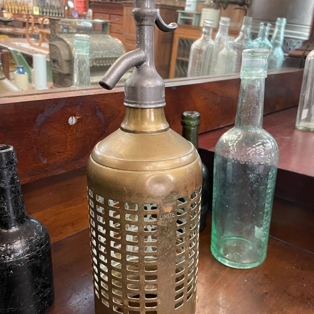 French Brass Seltzer Siphon and Cage (no bottle) - Aurora Mills