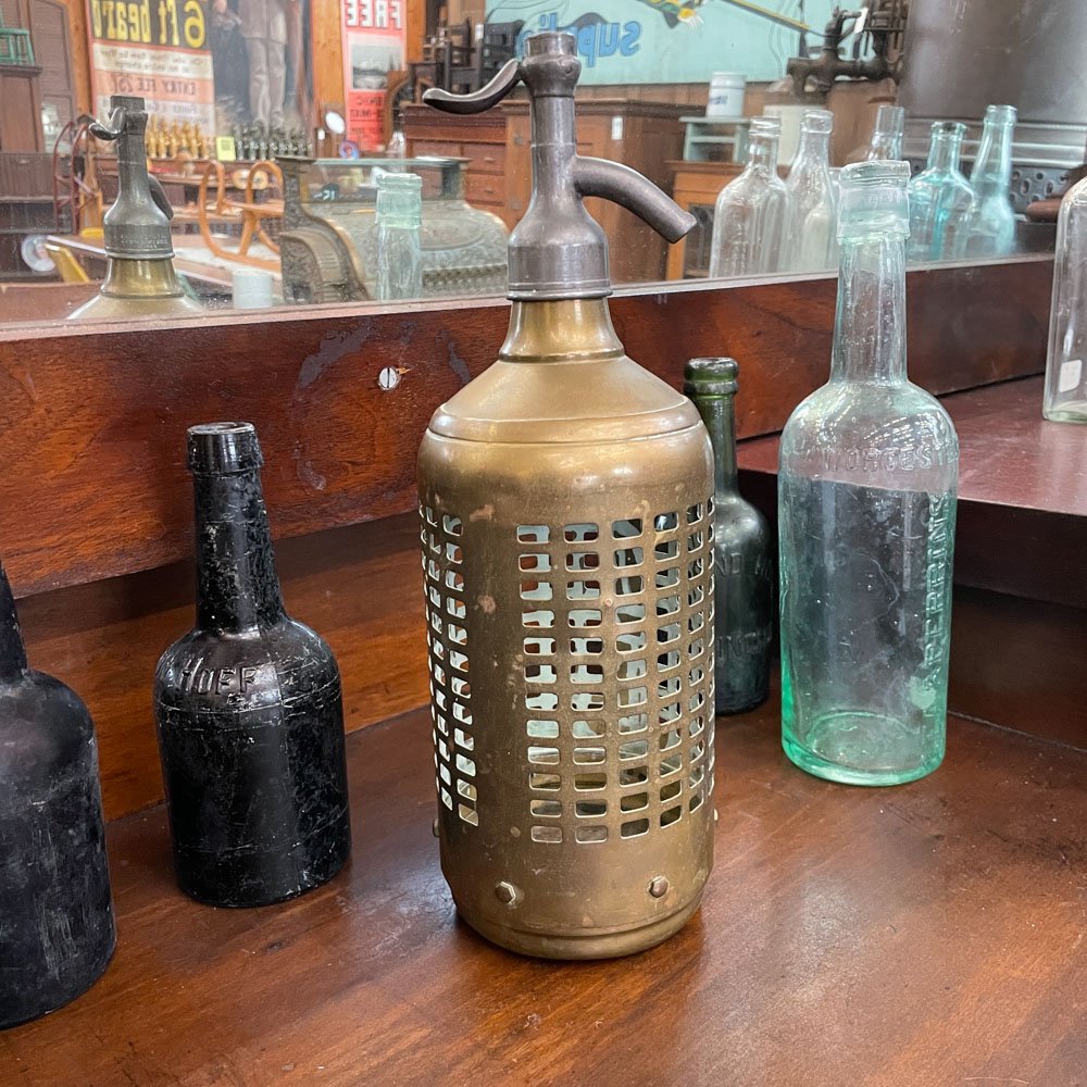 French Brass Seltzer Siphon and Cage (no bottle) - Aurora Mills