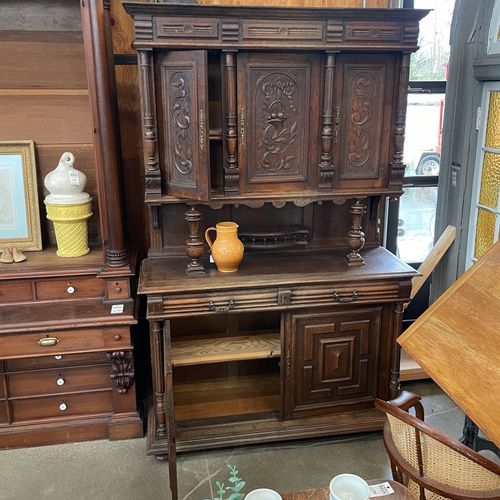 English Oak Buffet with Carved Doors - Aurora Mills