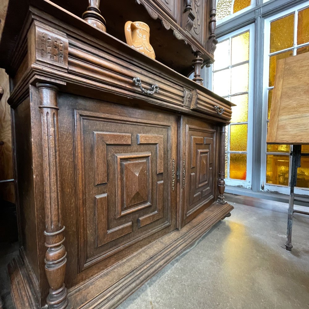 English Oak Buffet with Carved Doors - Aurora Mills