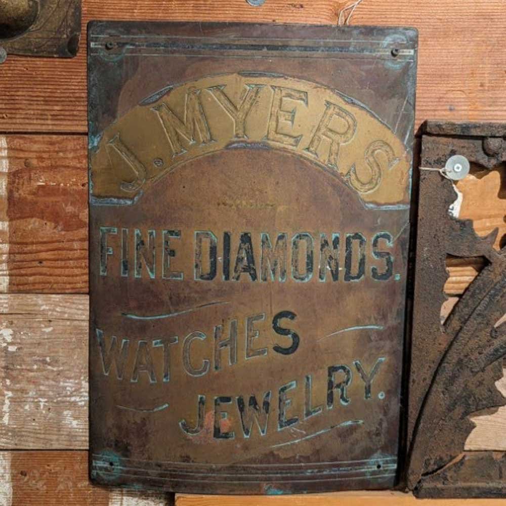 Curved Brass J. Myers Jeweler’s Sign - Aurora Mills