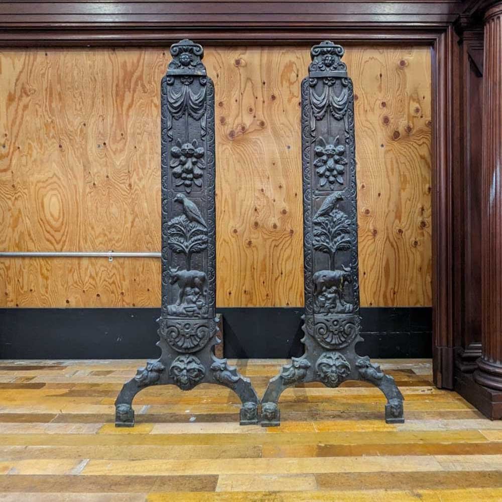 Cast Bronze Figural Relief Andirons - Aurora Mills