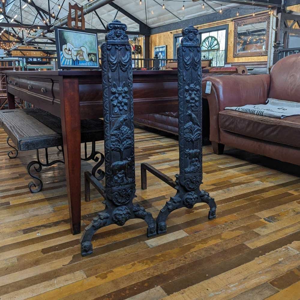 Cast Bronze Figural Relief Andirons - Aurora Mills