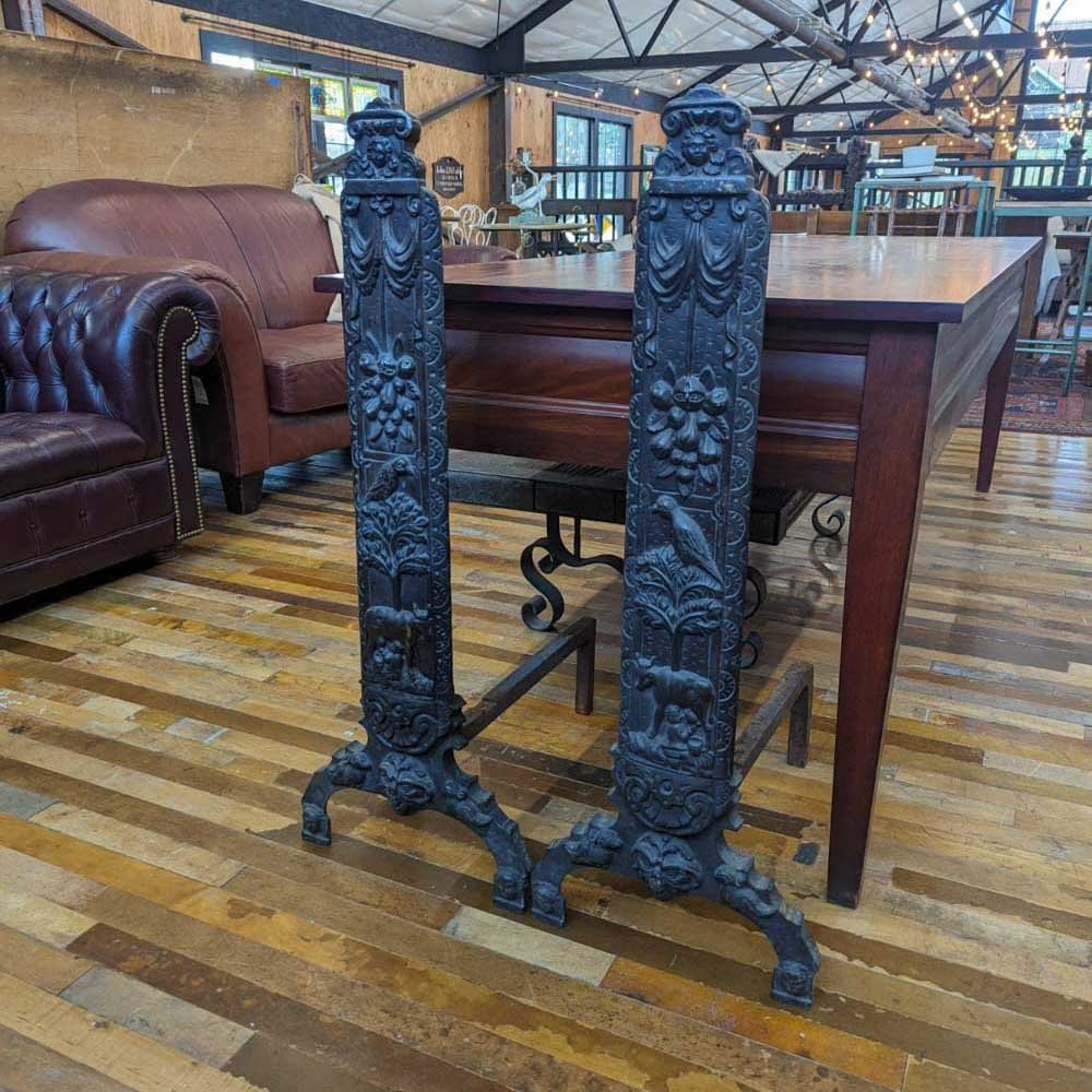 Cast Bronze Figural Relief Andirons - Aurora Mills